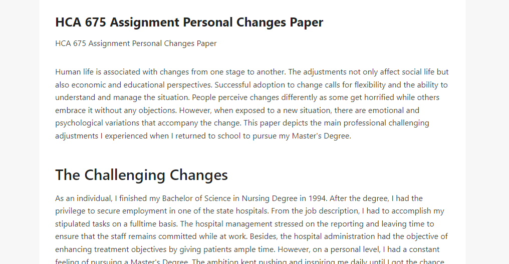 HCA 675 Assignment Personal Changes Paper
