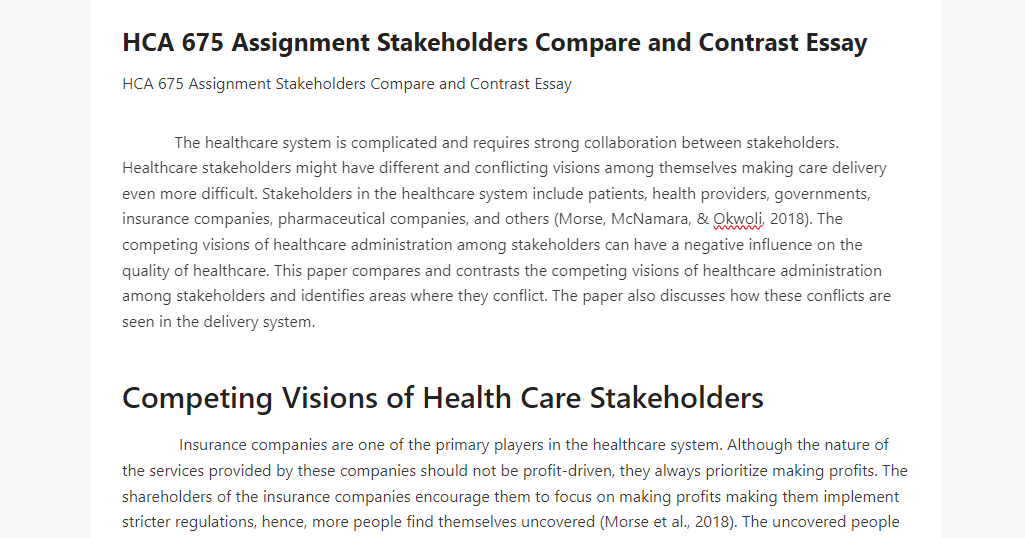 HCA 675 Assignment Stakeholders Compare and Contrast Essay    