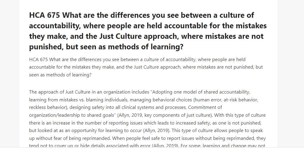 HCA 675 What are the differences you see between a culture of accountability