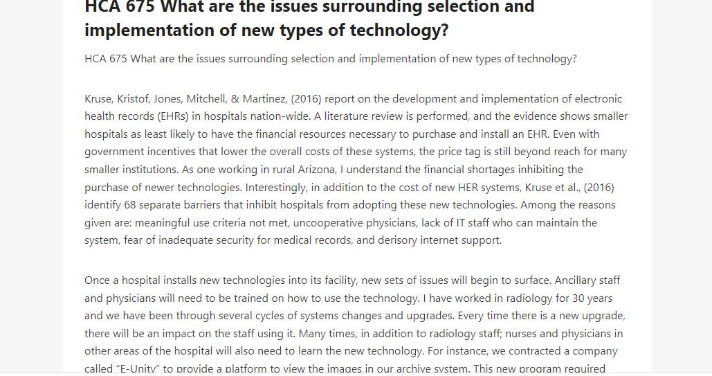 HCA 675 What are the issues surrounding selection and implementation of new types of technology
