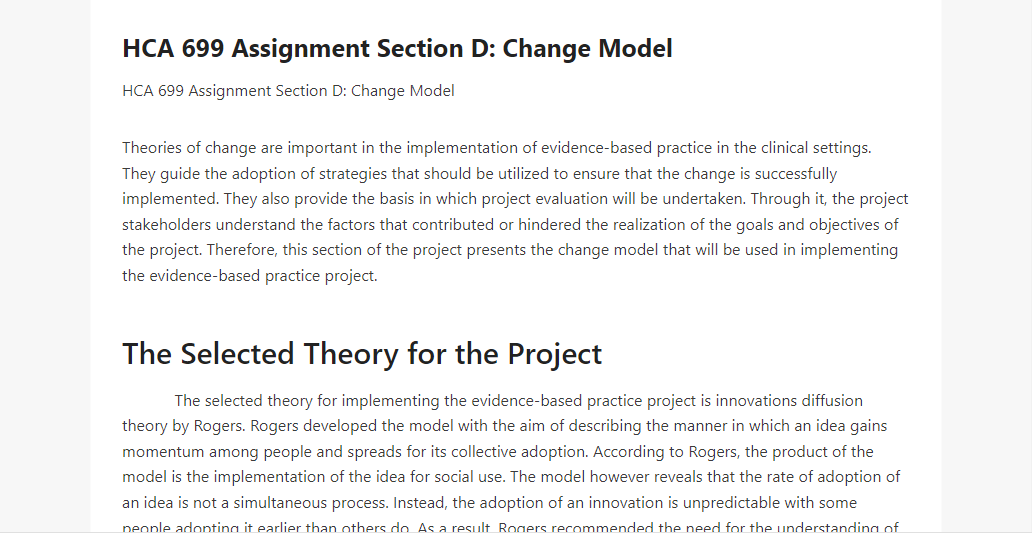 HCA 699 Assignment Section D Change Model