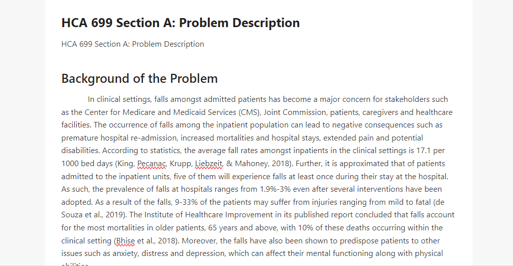 HCA 699 Section A Problem Description