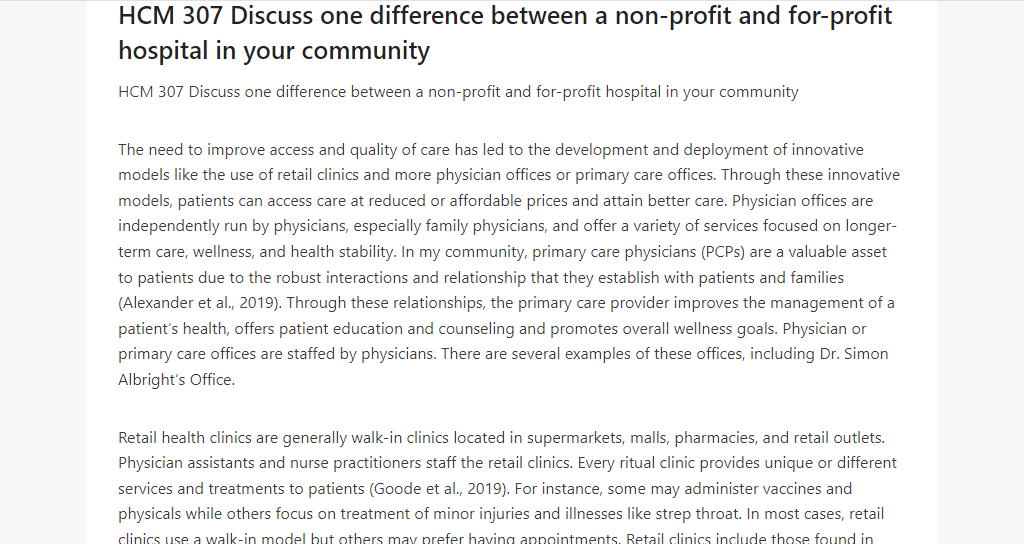 HCM 307 Discuss one difference between a non-profit and for-profit hospital in your community