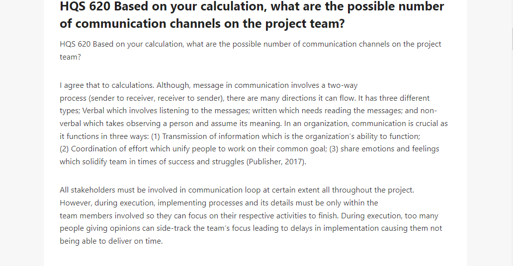 HQS 620 Based on your calculation, what are the possible number of communication channels on the project team