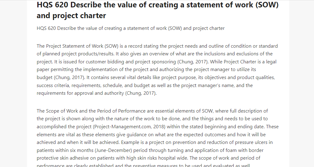 HQS 620 Describe the value of creating a statement of work (SOW) and project charter