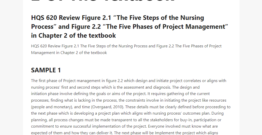 HQS 620 Review Figure 2.1 The Five Steps of the Nursing Process and Figure 2.2 The Five Phases of Project Management in Chapter 2 of the textbook
