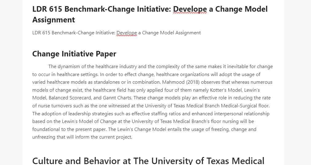 LDR 615 Benchmark-Change Initiative Develope a Change Model Assignment