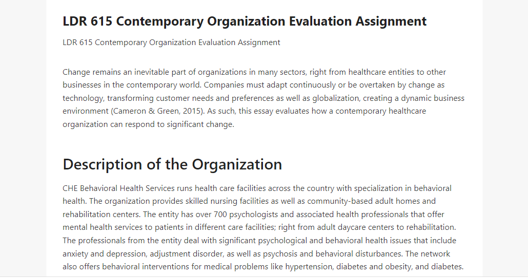LDR 615 Contemporary Organization Evaluation Assignment