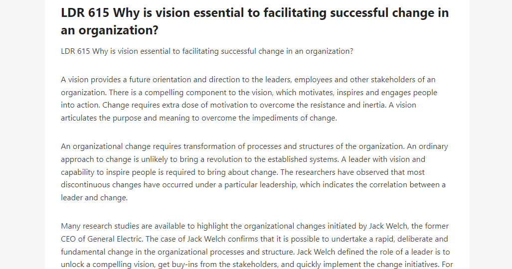 LDR 615 Why is vision essential to facilitating successful change in an organization