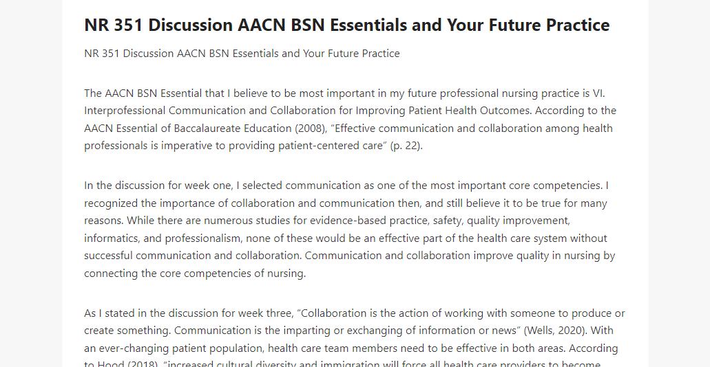 NR 351 Discussion AACN BSN Essentials and Your Future Practice 