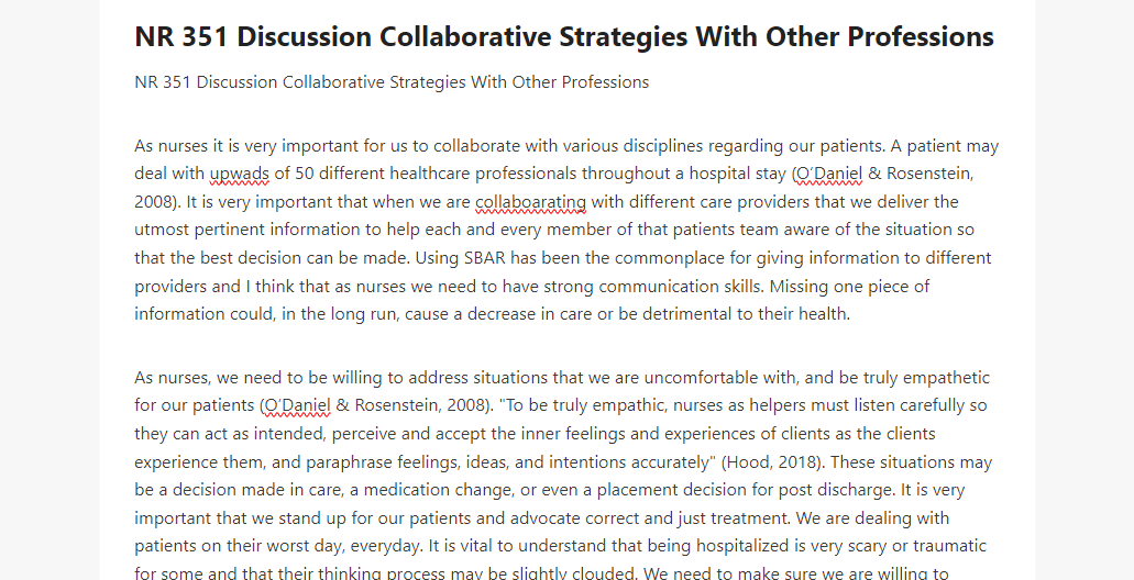 NR 351 Discussion Collaborative Strategies With Other Professions