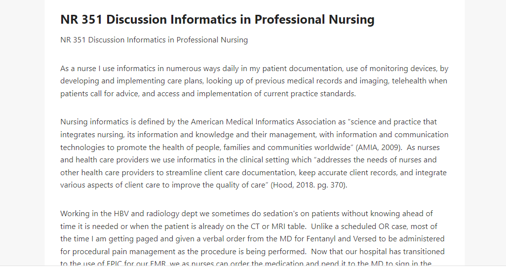 NR 351 Discussion Informatics in Professional Nursing