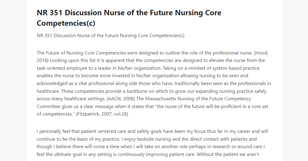 NR 351 Discussion Nurse of the Future Nursing Core Competencies(c) 