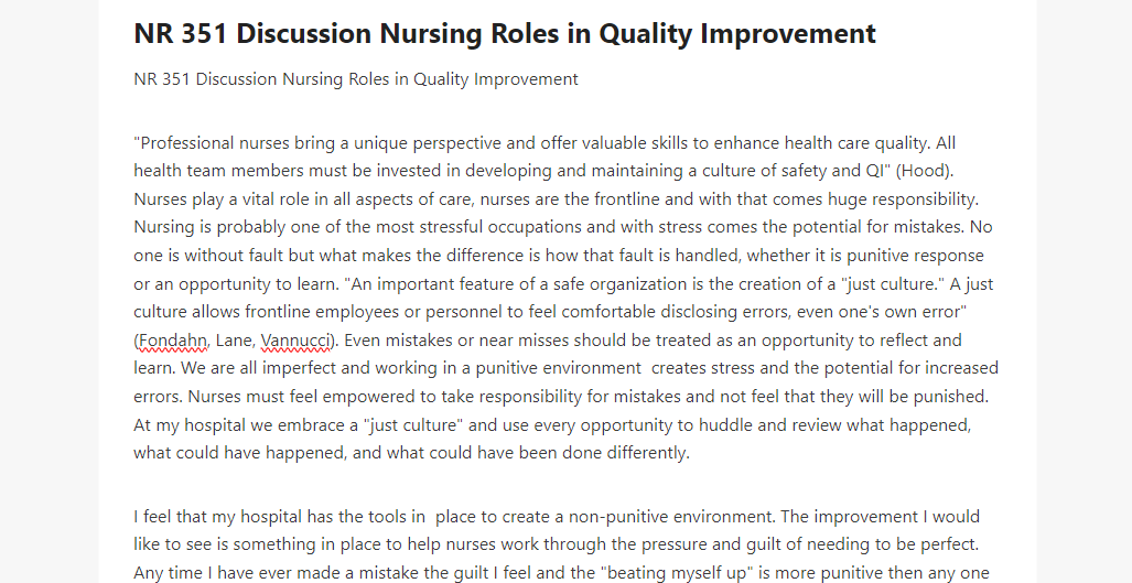 NR 351 Discussion Nursing Roles in Quality Improvement