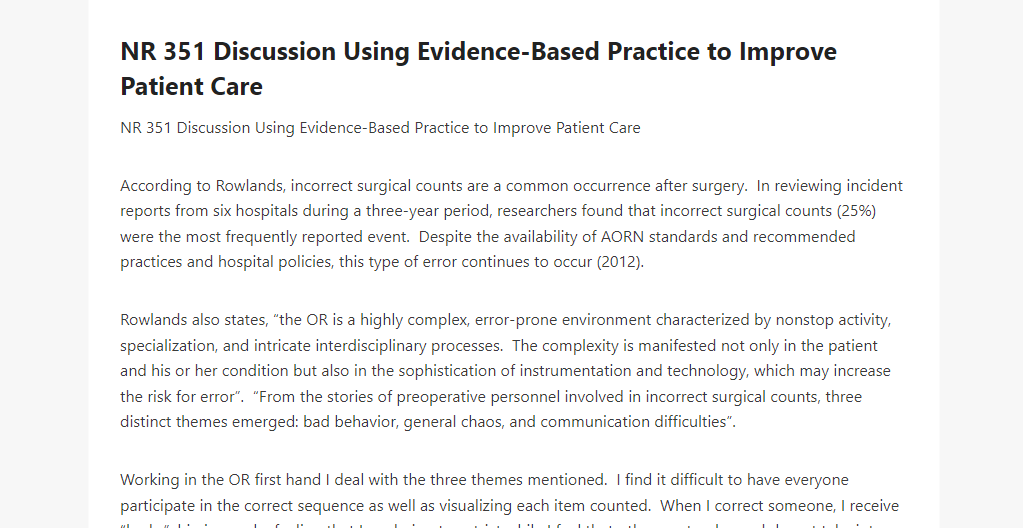 NR 351 Discussion Using Evidence-Based Practice to Improve Patient Care