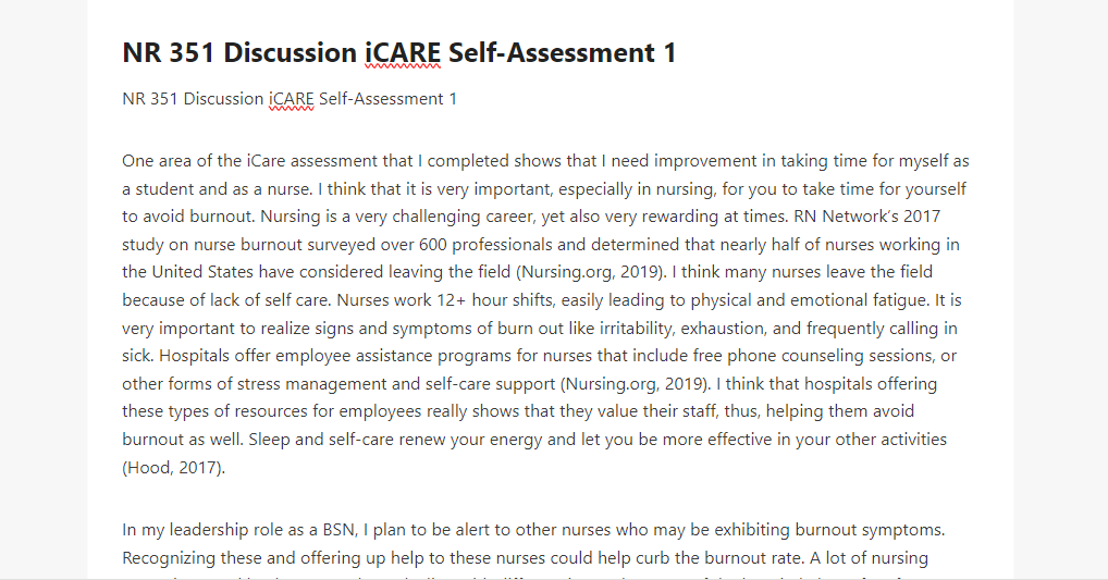 NR 351 Discussion iCARE Self-Assessment 1
