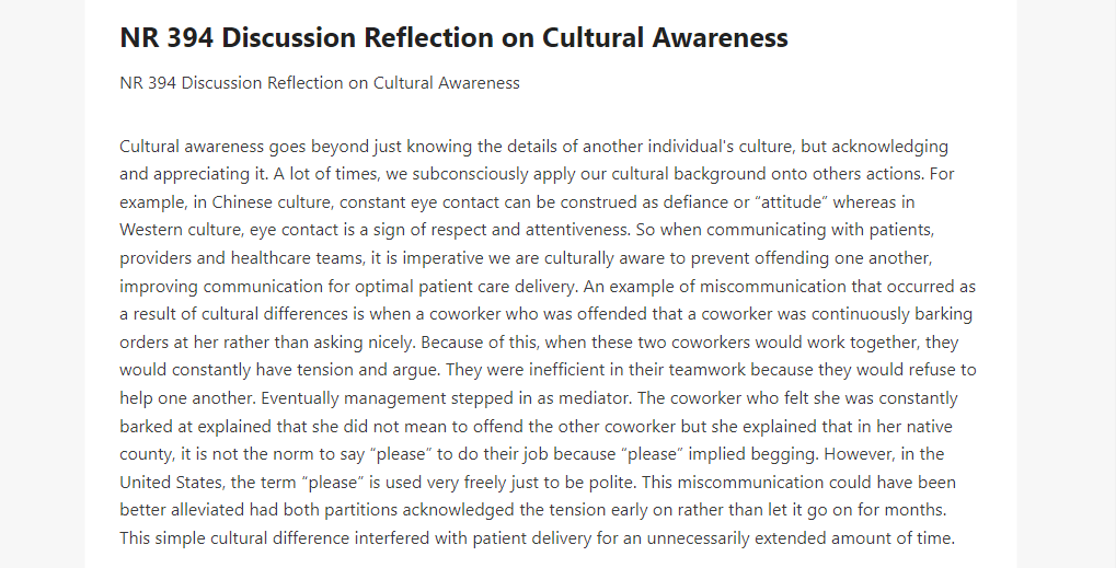 NR 394 Discussion Reflection on Cultural Awareness