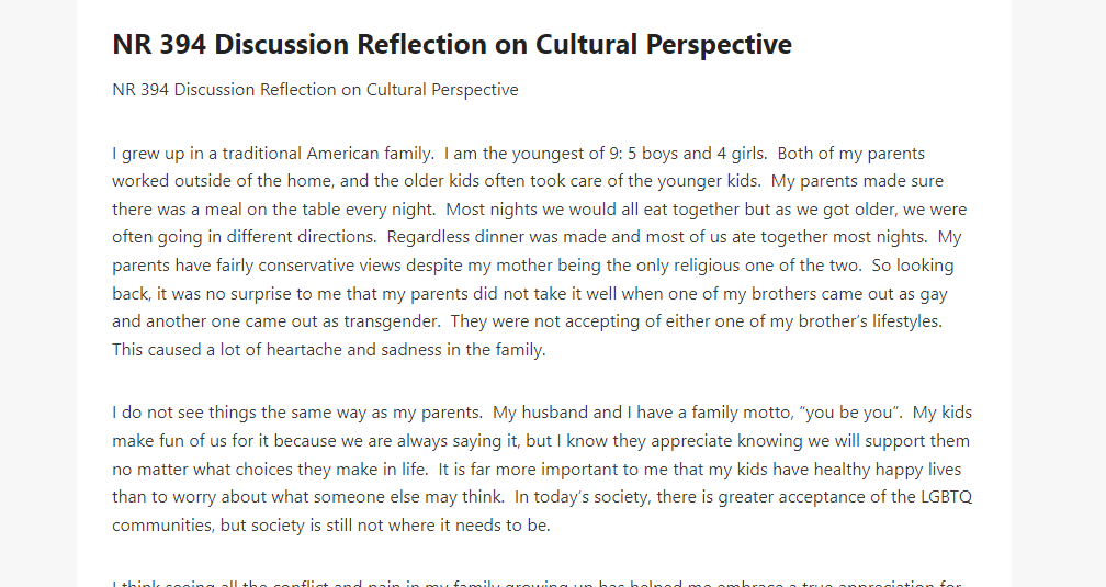 NR 394 Discussion Reflection on Cultural Perspective 