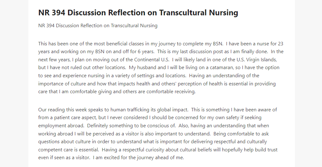 NR 394 Discussion Reflection on Transcultural Nursing 