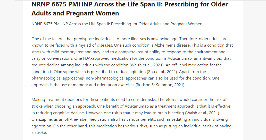 NRNP 6675 PMHNP Across the Life Span II Prescribing for Older Adults and Pregnant Women