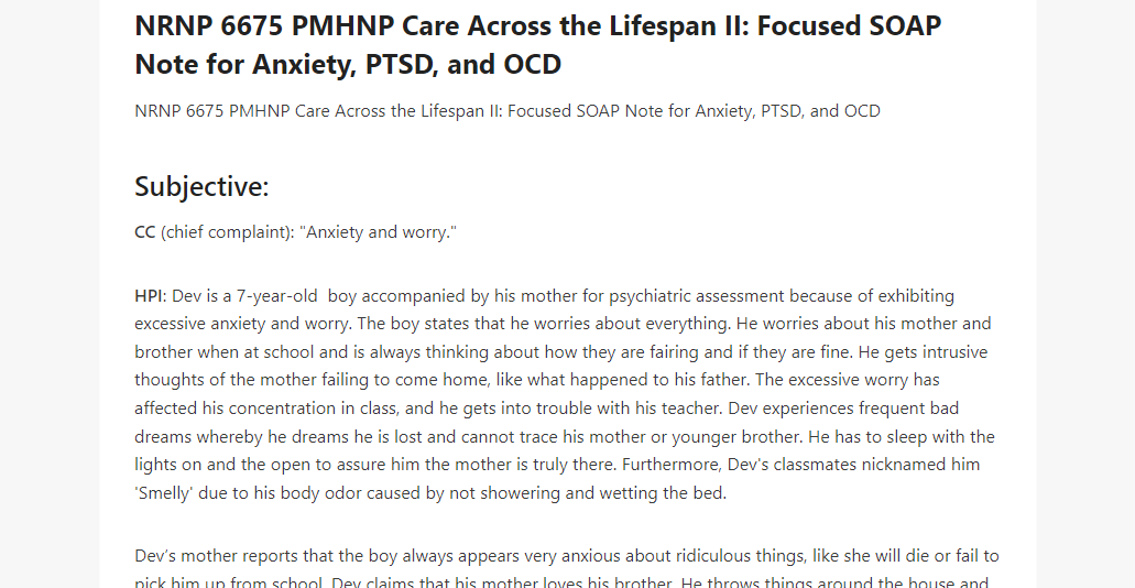 NRNP 6675 PMHNP Care Across the Lifespan II Focused SOAP Note for Anxiety, PTSD, and OCD