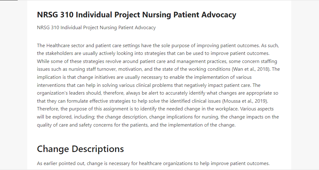 NRSG 310 Individual Project Nursing Patient Advocacy