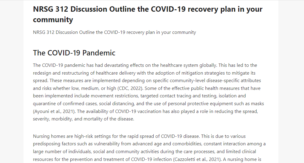 NRSG 312 Discussion Outline the COVID-19 recovery plan in your community