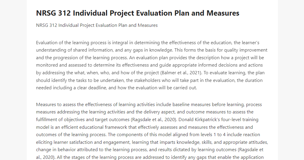 NRSG 312 Individual Project Evaluation Plan and Measures  