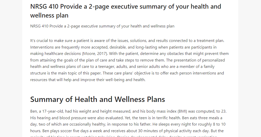 NRSG 410 Provide a 2-page executive summary of your health and wellness plan