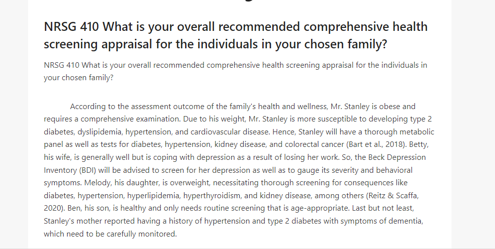 NRSG 410 What is your overall recommended comprehensive health screening appraisal for the individuals in your chosen family