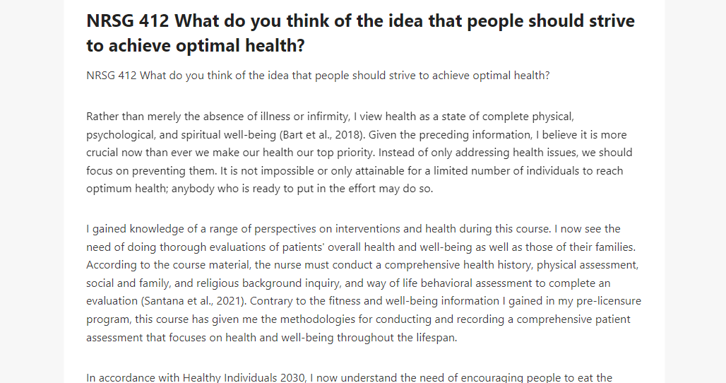 NRSG 412 What do you think of the idea that people should strive to achieve optimal health