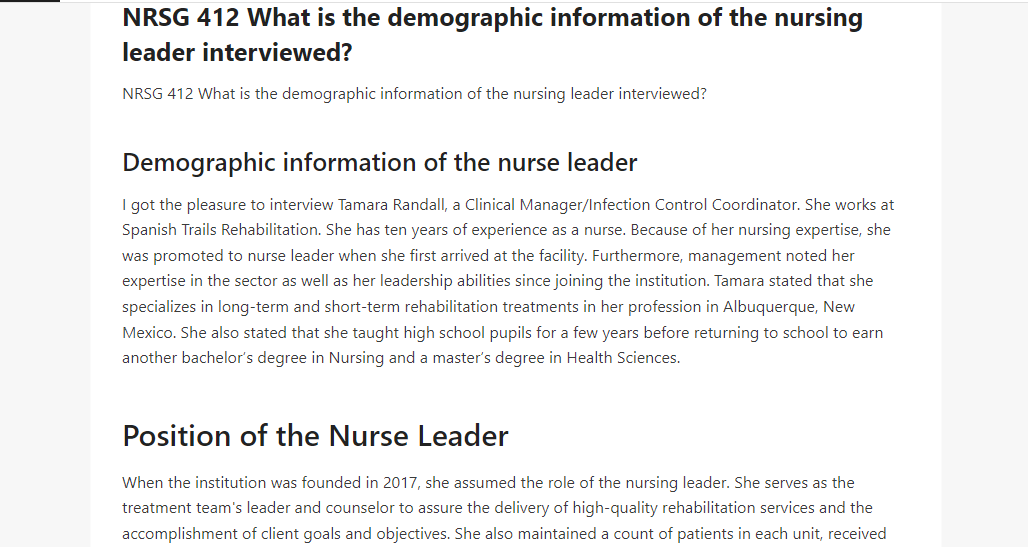 NRSG 412 What is the demographic information of the nursing leader interviewed