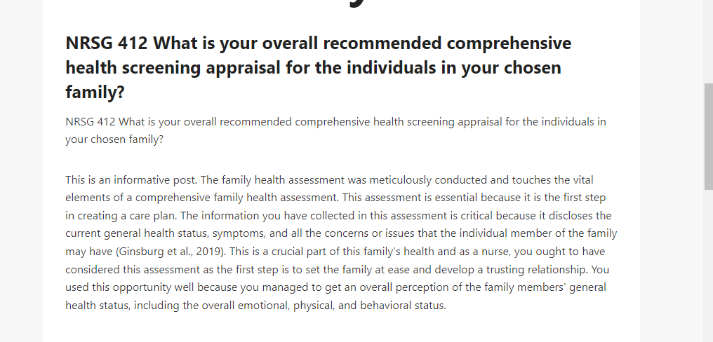 NRSG 412 What is your overall recommended comprehensive health screening appraisal for the individuals in your chosen family