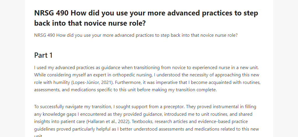 NRSG 490 How did you use your more advanced practices to step back into that novice nurse role