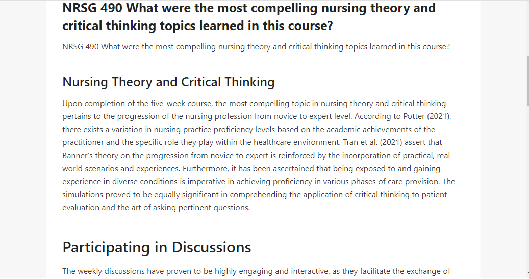 NRSG 490 What were the most compelling nursing theory and critical thinking topics learned in this course