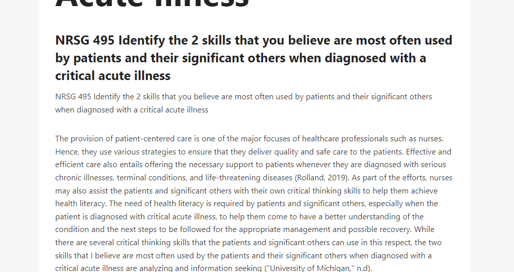 NRSG 495 Identify the 2 skills that you believe are most often used by patients and their significant others when diagnosed with a critical acute illness