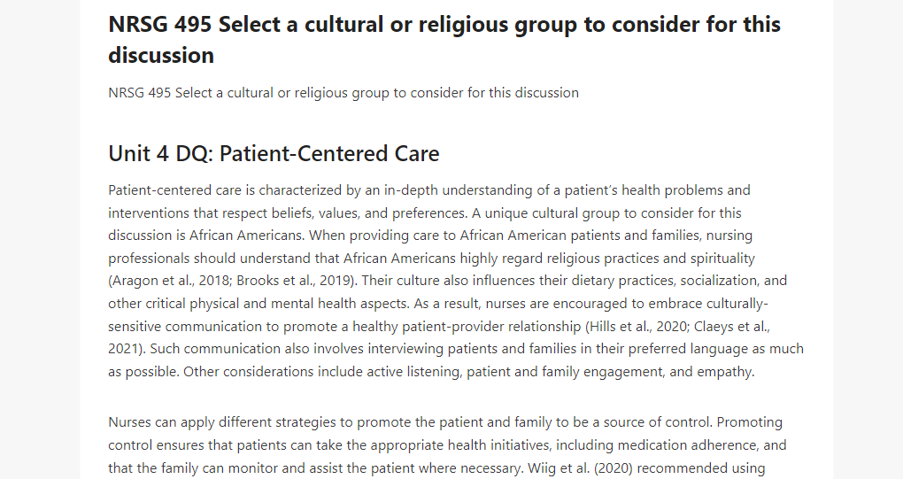 NRSG 495 Select a cultural or religious group to consider for this discussion