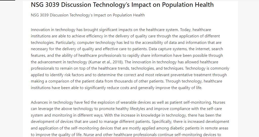 NSG 3039 Discussion Technology’s Impact on Population Health