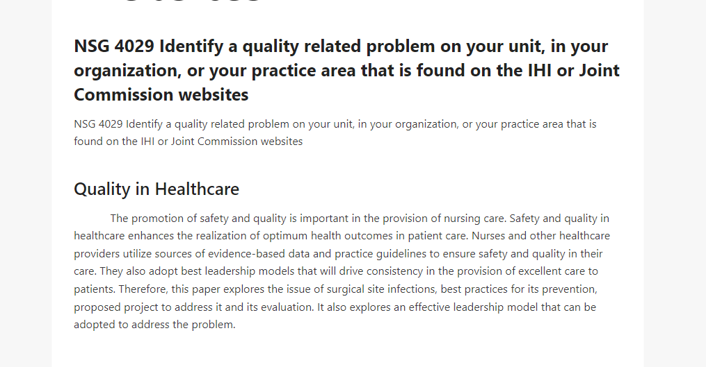 NSG 4029 Identify a quality related problem on your unit, in your organization, or your practice area that is found on the IHI or Joint Commission websites 