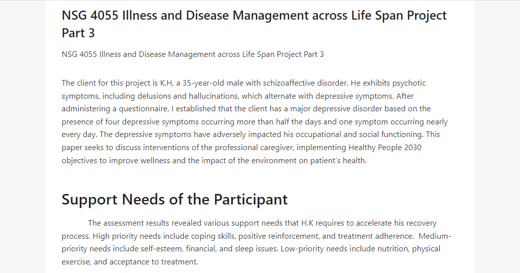 NSG 4055 Illness and Disease Management across Life Span Project Part 3