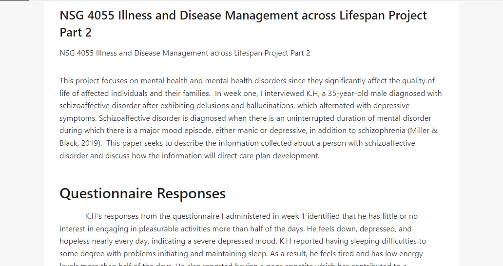 NSG 4055 Illness and Disease Management across Lifespan Project Part 2