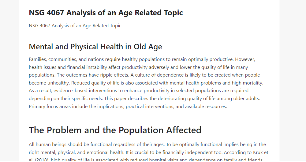 NSG 4067 Analysis of an Age Related Topic