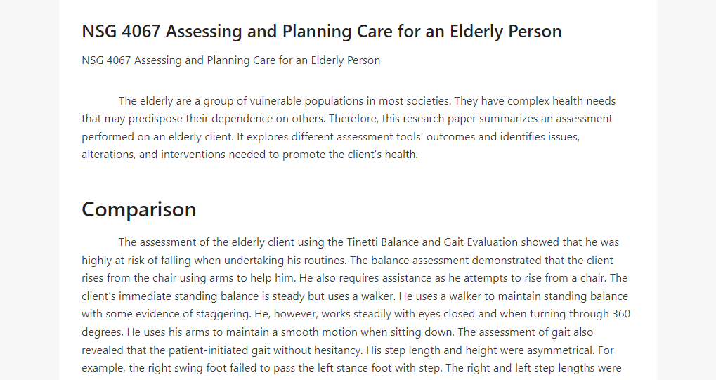 NSG 4067 Assessing and Planning Care for an Elderly Person