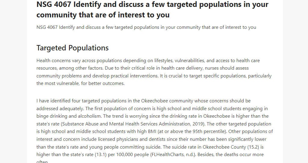 NSG 4067 Identify and discuss a few targeted populations in your community that are of interest to you