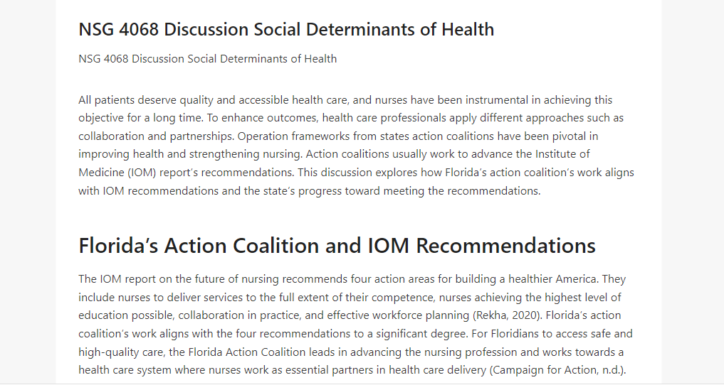 NSG 4068 Discussion Social Determinants of Health
