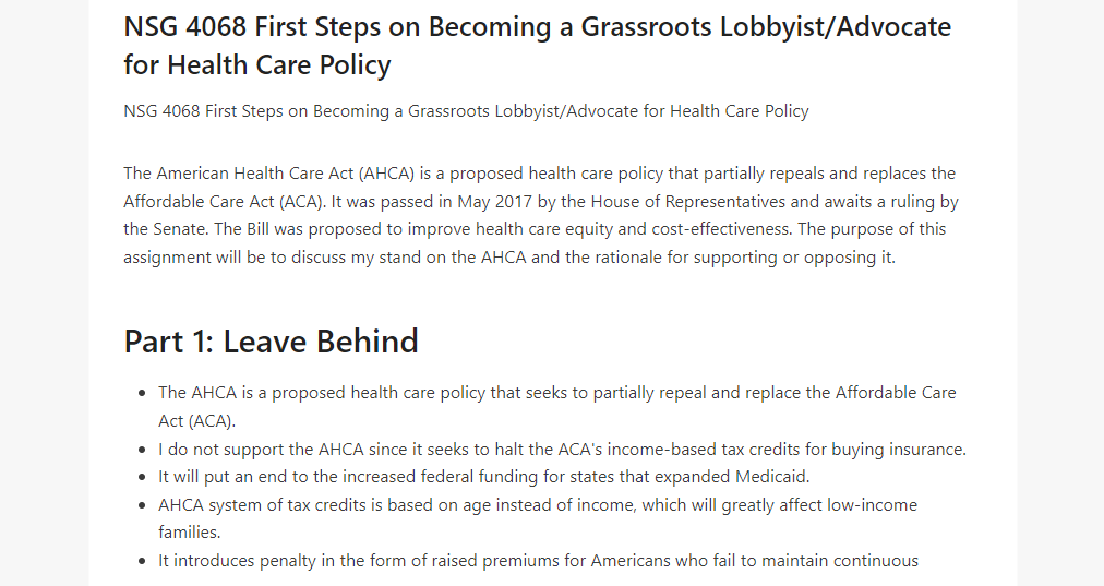 NSG 4068 First Steps on Becoming a Grassroots Lobbyist Advocate for Health Care Policy