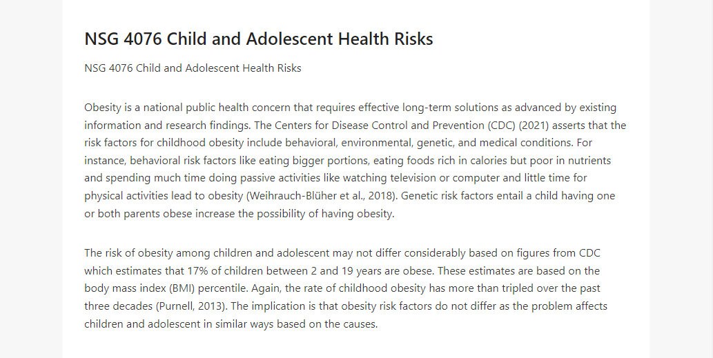 NSG 4076 Child and Adolescent Health Risks