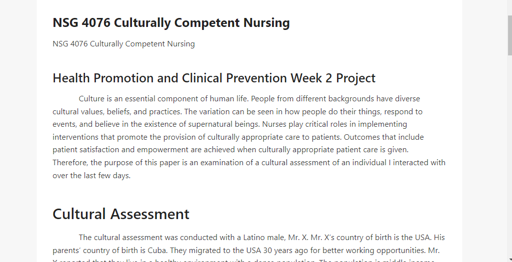 NSG 4076 Culturally Competent Nursing