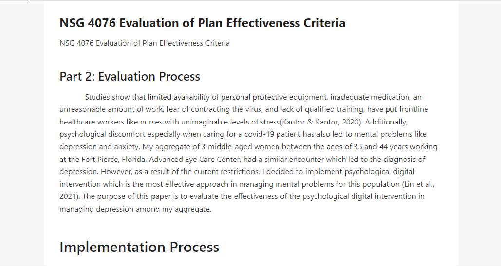 NSG 4076 Evaluation of Plan Effectiveness Criteria