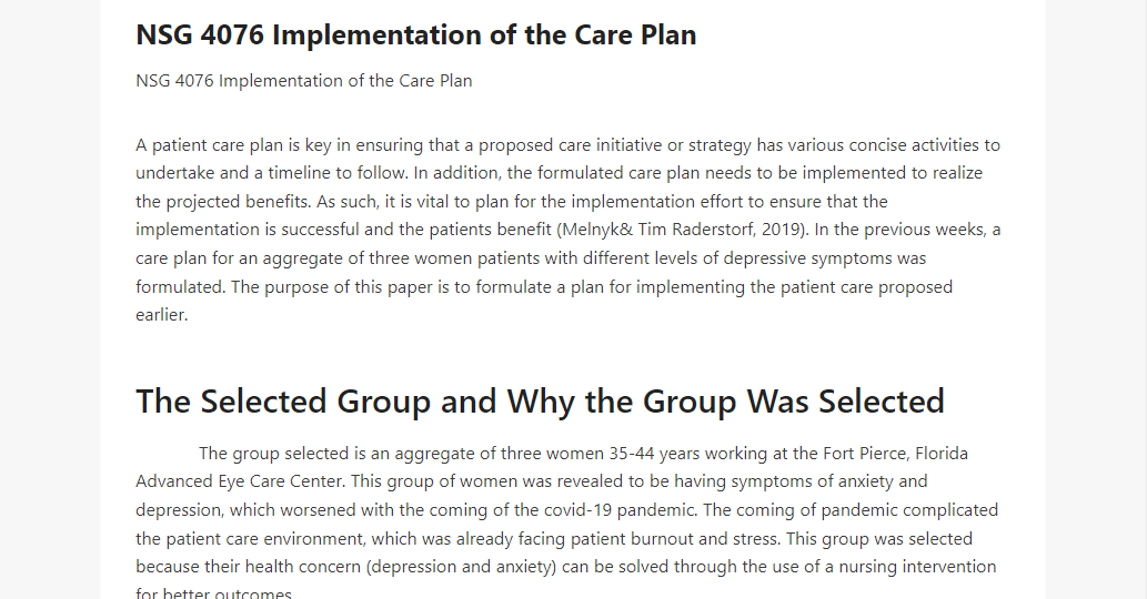 NSG 4076 Implementation of the Care Plan